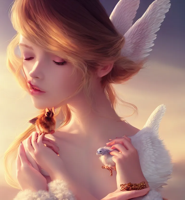 Prompt: Portrait of a cute elegant woman with angelic white wings on her back, holding a magical rabbit, luxurious neckless, sunset, warm spring, slim face, detailed face, centered close-up, fantasy, anime, vibrant, colorful, depth of field, intricate details, trending on ArtStation, Deviantart, by WLOP