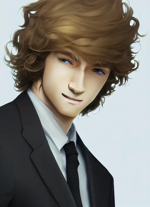 Image similar to young man with medium - length, curly, golden hair, perfectly proportioned face, aquamarine eyes, sweet smile, wearing a black suit, natural lighting, path traced, highly detailed, high quality, cartoon, digital painting, by new haicheng and studio ghibli