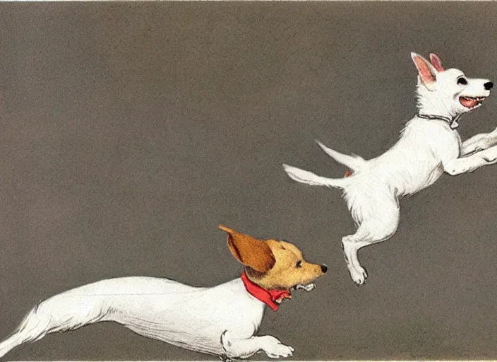 Image similar to portrait of happy jack russel terrier jumping, illustrated by peggy fortnum and beatrix potter and sir john tenniel