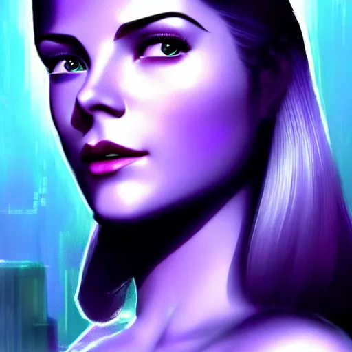 Prompt: A combination of Grace Kelly's and Katheryn Winnick's and Ashley Greene's faces with blue skin and short violet hair as Cortana from Halo, cyberpunk style, synthwave aesthetic, fantasy, intricate, elegant, highly detailed, digital painting, artstation, concept art, matte, sharp focus, illustration, half body portrait, anime style, art by Artgerm and Greg Rutkowski and Alphonse Mucha