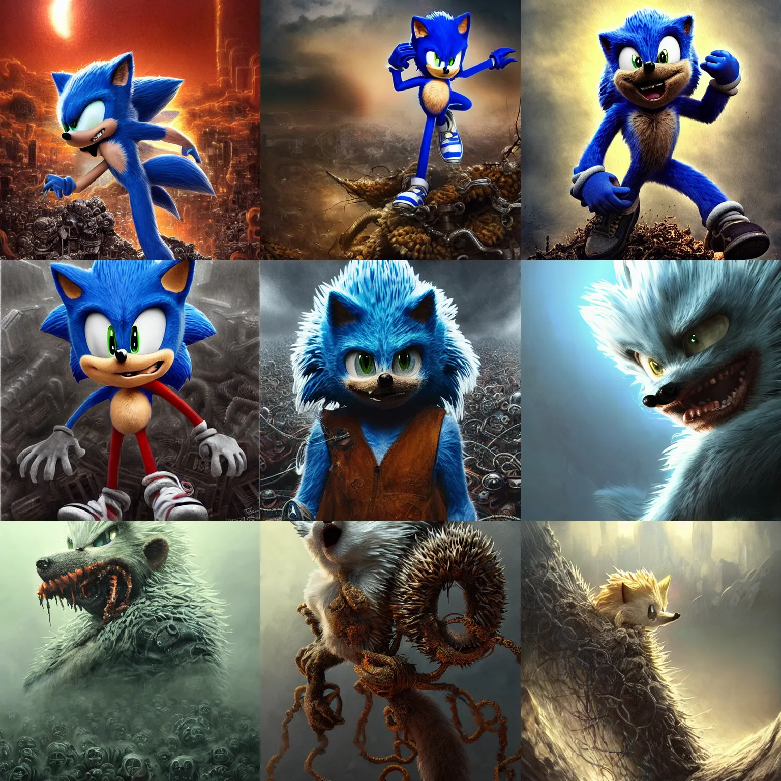 Prompt: Haunting horrifying hyperrealistic sonic the hedgehog portrait, atop a giant pile of soulless husk pigs in a foggy hellscape, dystopian feel, heavy metal, disgusting, creepy, unsettling, in the style of Yoshitaka Amano and James Gurney, lovecraftian, hyper detailed, trending on Artstation, rusted