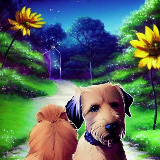 Prompt: A blond Norfolk terrier and a black labrador, in the style of 90s anime, bright, flowers, foot path, trees, award winning, trending on artstation