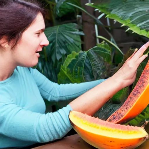 Prompt: a woman with bugs for fingers eats papaya