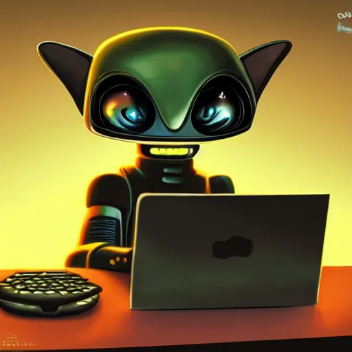 Image similar to cute alien robot cat working at computer, detailed painting in the style of ralph mcquarrie 4 k