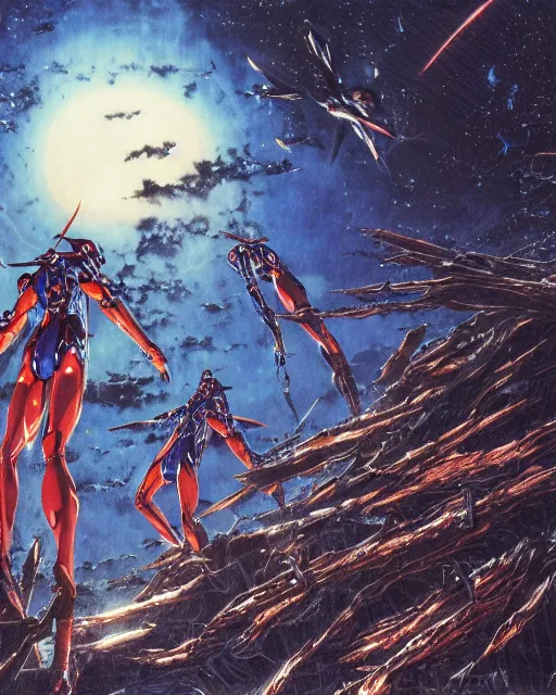 Image similar to evangelion by noriyoshi ohrai, hd, hyper detailed, dark, sky, forest, moon, dark atmosphere, 4 k