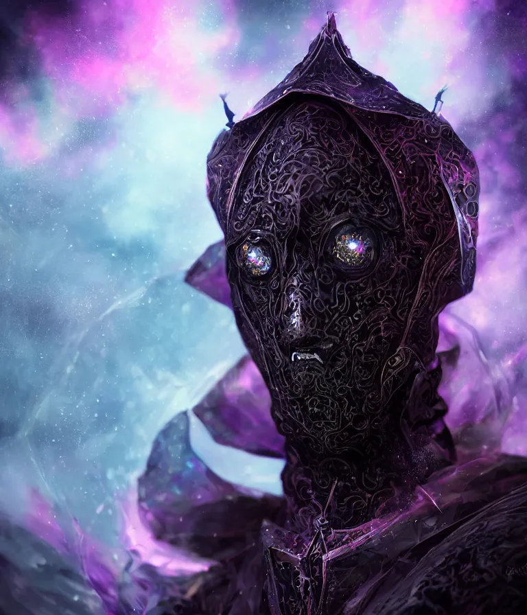 Image similar to impressive ominous front!! shot photo of a court jester character fine portrait fine portrait mesmerizing fractal hyper cubes platinum cracked dark future hyper dimensional space galactic crystal nebula edges elegant detailed intricate concept artstation sharp focus ray tracing cinematic masterpiece temporal corruption beeple wlop germ 8 4 k scifi glossy hyper realistic illustration canon eos r 3 fujifilm x - t 3 0 sony alpha a 6 6 0 0