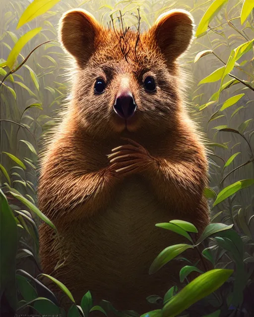 Image similar to highly detailed surreal vfx portrait of a sacred quokka, stephen bliss, unreal engine, greg rutkowski, loish, rhads, beeple, makoto shinkai and lois van baarle, ilya kuvshinov, rossdraws, tom bagshaw, alphonse mucha, global illumination, detailed and intricate environment