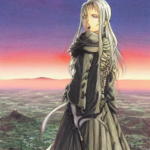 Image similar to beautiful girl looking from the edge of the mountain on the giant night city below, midnight, highly detailed colored manga page, illustration by kentaro miura and hiromu arakawa