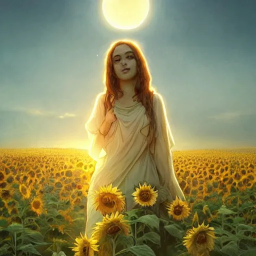 Prompt: Bedsheet Ghost in a field of sunflowers, sunset, highly detailed, digital painting, artstation, concept art, smooth, sharp focus, illustration, art by artgerm and greg rutkowski and alphonse mucha