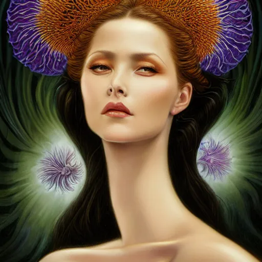 Image similar to facial portrait of a young gorgeous woman in flowing sensual dress, arrogant, long fine flowing hair, delicate, looking at camera, slightly awkward smile, realistic face, hands behind back, stylish, elegant, grimdark fantasy, flowers, extremely detailed painting inspired by Gerald Brom and Ernst Haeckel and Kaluta, studio lighting