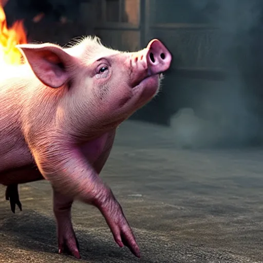 Prompt: Live Action Still of pig spitting fire, real life, hyperrealistic, ultra realistic, realistic, highly detailed, epic, HD quality, 8k resolution, body and headshot, film still, Exquisite detail, post-processing, masterpiece, Cinematic Lighting, Unreal Engine, 8k, HD, white background