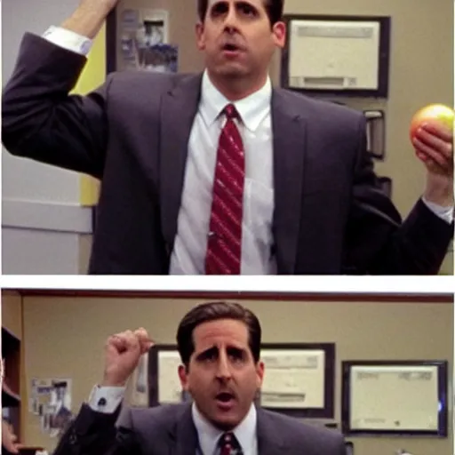 Prompt: Michael Scott throwing tomatoes in the Office