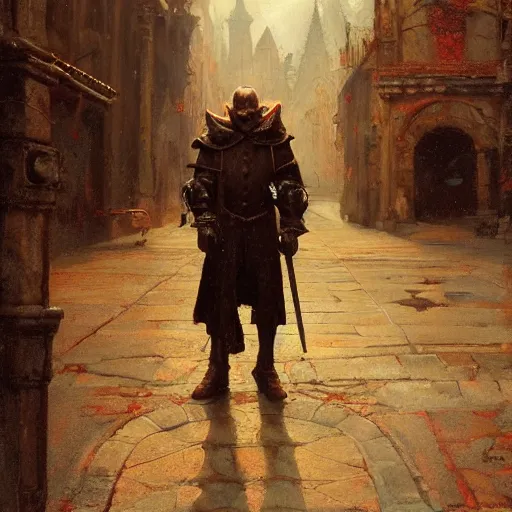 Image similar to a demonic old man stands in the middle of a medieval street and turns into something terrible, close - up, painting by gaston bussiere, craig mullins, j. c. leyendecker, 4 k, 8 k, trending on artstation, artstationhd, artstationhq, highest detail