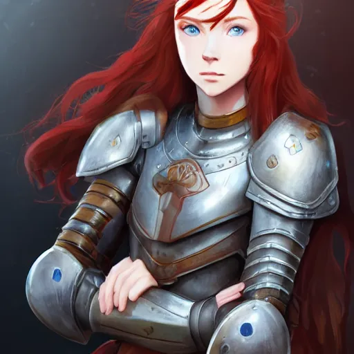 Image similar to portrait of a young redheaded woman with blue eyes and wearing a armor, medieval background, highly detailed, digital painting, artstation, matte, by makoto shinkai, animation style, studio ghibli, anime key visual