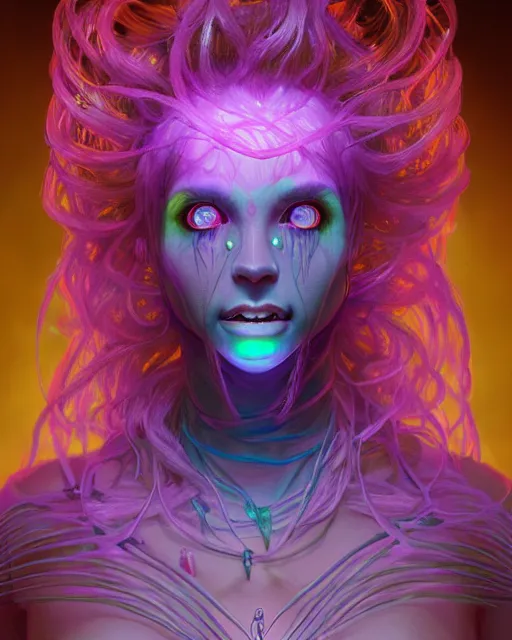 Prompt: portrait of a cute female monster, bioluminescent, wires, horror, happy, highly detailed, digital painting, cinematic, hyperrealism, dark retrowave, art by stanley lau and artgerm and magali villeneuve and alphonse mucha, artstation, octane render, cgsociety