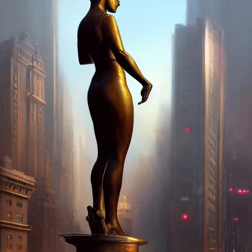 Image similar to a bronze statue stands as the centerpiece of futuristic art deco new york city, fantasy, intricate, elegant, digital painting, trending on artstation, concept art, sharp focus, illustration by greg rutkowski, Gaston Bussiere and artgerm, 4k.