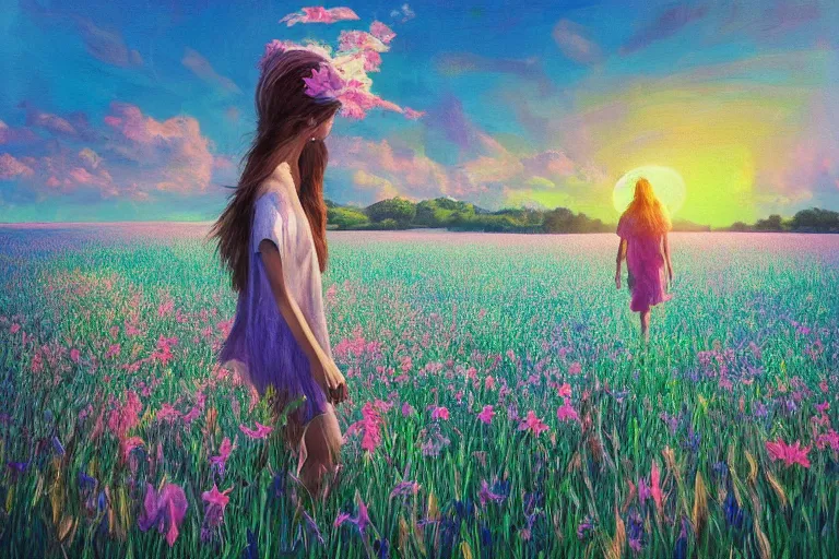 Image similar to giant gladiola head, girl walking in field of flowers, surreal photography, sunrise, blue sky, dramatic light, impressionist painting, digital painting, artstation, simon stalenhag