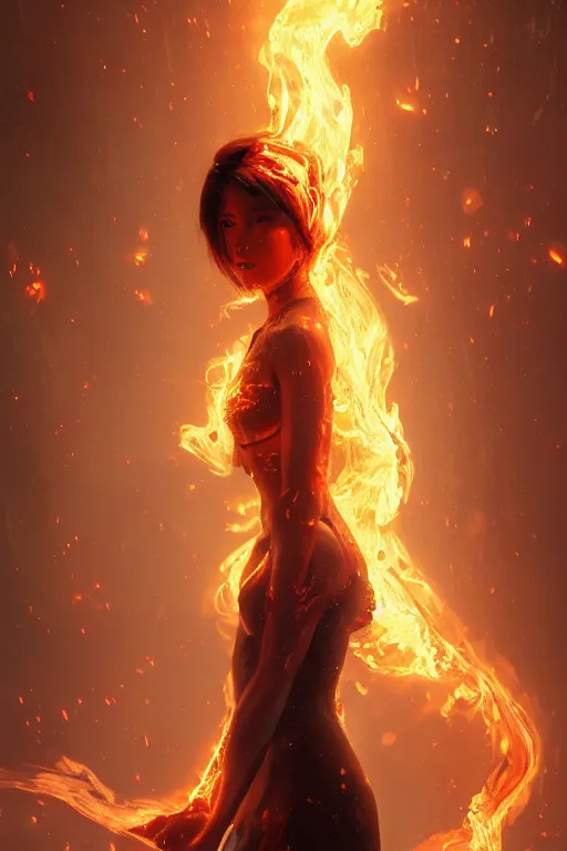 Image similar to a fancy portrait of a young Demon girl covered in flames by Greg Rutkowski, Sung Choi, Mitchell Mohrhauser, Maciej Kuciara, Johnson Ting, Maxim Verehin, Peter Konig, final fantasy , 8k photorealistic, cinematic lighting, HD, high details, atmospheric , trending on artstation