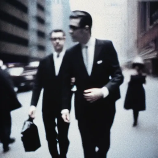 Prompt: analog medium format bokeh portrait of a couple of business men walking in new york, 1 9 6 0 s, dark, photographed on expired film, detailed photograph