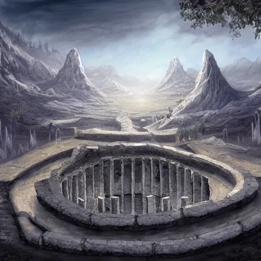 Image similar to fantasy concept art, walled city built into a labyrinth, icy mountains nearby, 8k, high detail