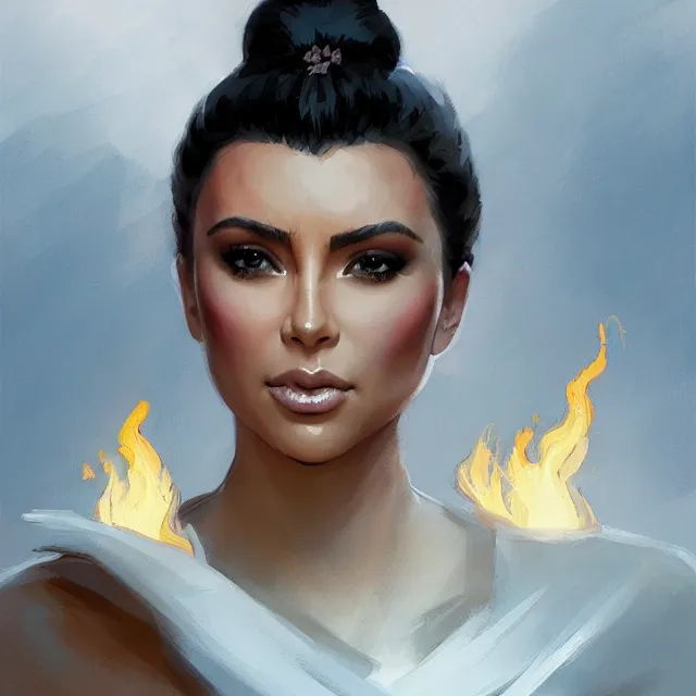 Prompt: Kim Kardashain as a firebender, portrait, elegant, intricate, digital painting, artstation, concept art, smooth, sharp focus, illustration, art by konstantin korovin and Daniel F. Gerhartz and john howe