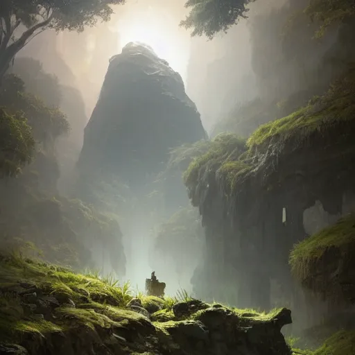 Prompt: The ancient corpse of a fallen stone titan within a deep and lush valley, Greg Rutkowski, dramatic lighting, view for miles, lens flare, perspective, airborne view, beautiful lighting, stone colossus remains