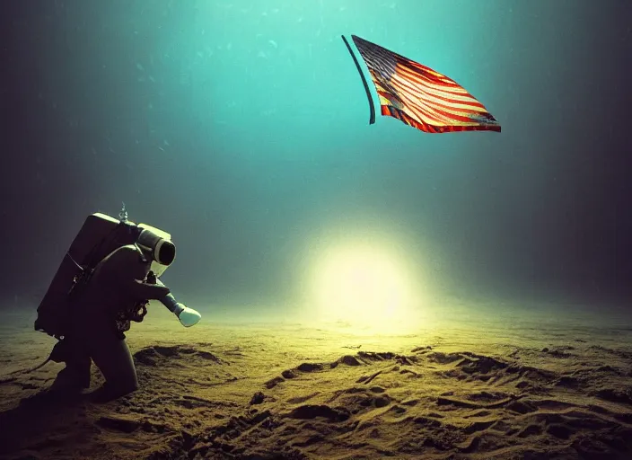 Image similar to astronaut underwater putting a flag in the sand of the bottom of the ocean. there is a futuristic submarine in the distance. dark, concept art, cinematic, dramatic, atmospheric, 8 k, trending on artstation, low visibility, fog, zack snyder