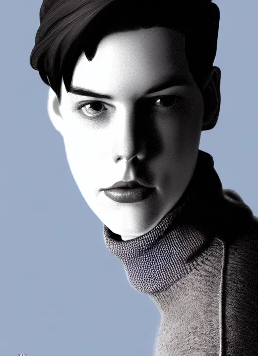 Image similar to portrait of teenage jughead jones wearing a light grey crown, crown, blue turtleneck, 1 9 5 0 s, closed eyes, photorealistic, black hair, glowing lighting, intricate, elegant, glowing lights, highly detailed, digital painting, artstation, concept art, smooth, sharp focus, illustration, art by wlop, mars ravelo and greg rutkowski