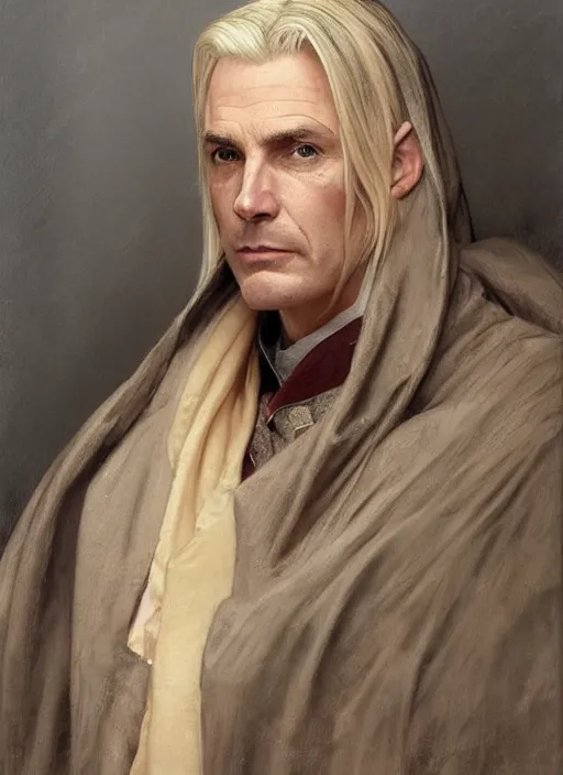 Image similar to a man aged 4 0 with blonde hair and hazel eyes and a friendly expression. he is clean shaven and wearing a grey cloak. head and shoulders portrait painting by artgerm and greg rutkowski and alphonse mucha.