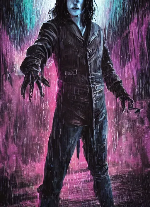 Prompt: an epic fantasy comic book style full body portrait painting of a very beautiful synthwave industrial goth trent reznor as snape walking in the rain, neon reflections in the rain puddles, character design by mark ryden and pixar and hayao miyazaki, unreal 5, daz, hyperrealistic, octane render, cosplay, rpg portrait, dynamic lighting, intricate detail, cinematic