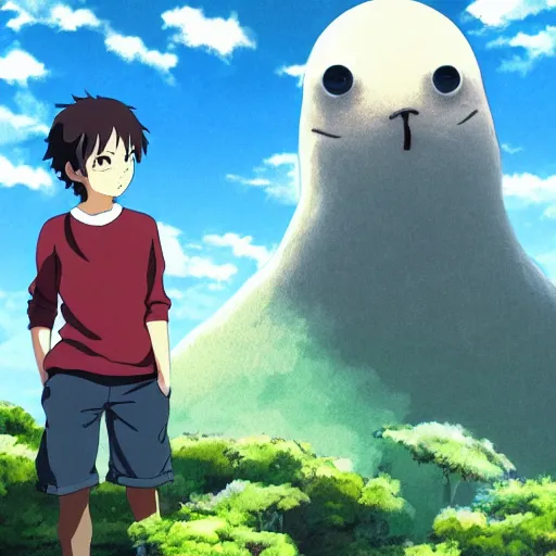 Image similar to friendly guy and small creature , with Fragile looking character portrait face made by Studio Ghibli highly detailed art, beautiful scene, sharp focus, smooth, 8k, anime art, wild, dark, fantasy, peaceful, sunshine, sun