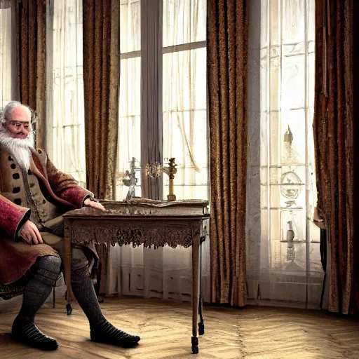 Image similar to An extremely detailed render of a 200 years old man with very old clothes, sitting at his Louis XIV desk, with very old curtains in the room, very old room. The very very very old man has a 1880 phone on his desk. Dust in the air, god rays, raytracing shadows, ambient occlusion, 8K, RTX 3090, trending on artstation, lumens