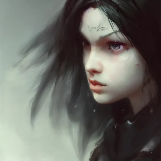 Image similar to a cute girl by ruan jia, 8 k, closeup headshot, smooth, trending on artstation, black long hair, black eyes, movie poster style