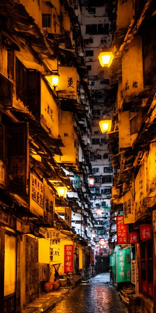 Image similar to an interior view of an old walled city in Hong Kong, colorful, dated and old, dark moody lighting, very detailed, photoreal, 8k, canon 20mm lens