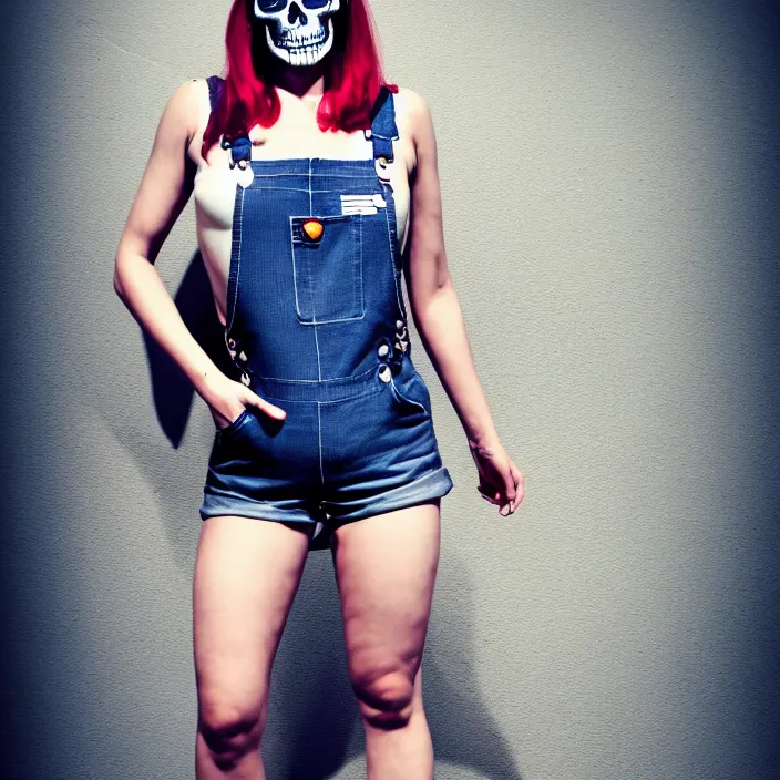 Prompt: fully body pose, photo of a very beautiful!! skull woman, overalls, short shorts, fishnets, combat boots, 8 k, hdr, smooth, sharp focus, high resolution, award - winning photo, trending on artstation, dslr, 5 0 mm