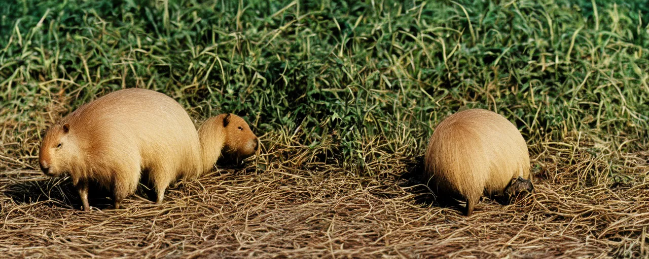 Image similar to one single capybara eating spaghetti from a bush, in the style of national geographic, canon 5 0 mm, film, kodachrome, retro, muted