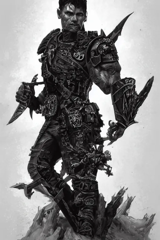 Prompt: full body portrait of a gothic ranger, muscular, upper body, arm tattoos, Warhammer 40k, fantasy, intricate, elegant, highly detailed, digital painting, artstation, concept art, matte, sharp focus, illustration, art by Artgerm and Greg Rutkowski and Craig Mullins and Ross Tran