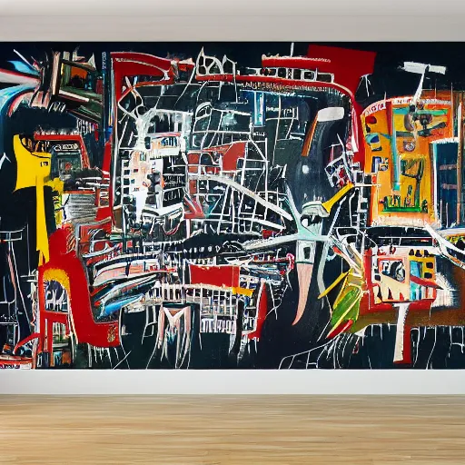 Prompt: a giant mural painted by bosch and basquiat, detailed, intricate, beautiful, wow, 4 k