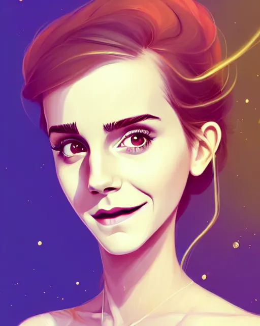 Image similar to a portrait of a beautiful full body Emma Watson smiling, pretty gold and red dress, art by lois van baarle and loish and ross tran and rossdraws and sam yang and samdoesarts and artgerm, digital art, highly detailed, intricate, sharp focus, Trending on Artstation HQ, deviantart, unreal engine 5, 4K UHD image