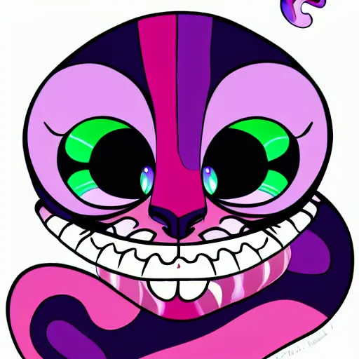 Image similar to psychedelic Cheshire cat smiling way too big, digital art, vector sticker, 2D colors, flat colors