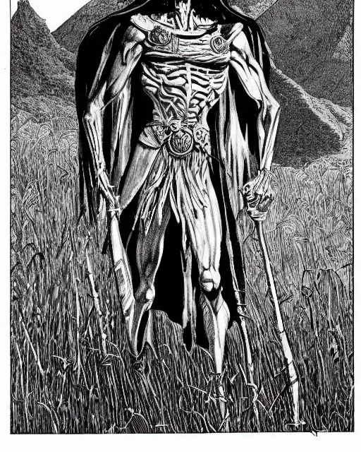 Prompt: an illustration of skeletor, full body, standing in a field, castle in the background, pen-and-ink illustration, etching, by Russ Nicholson, DAvid A Trampier, larry elmore, 1981, HQ scan, intricate details