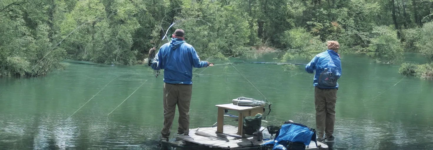 Prompt: flux pavilion fishing for trout in a beautiful lake, cinematic composition, sharp focus, highly detailed, blue hair