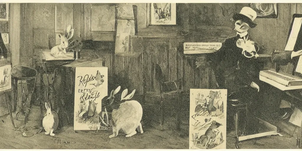 Image similar to a 1 9 1 0 s postcard showing a famous rabbit composer