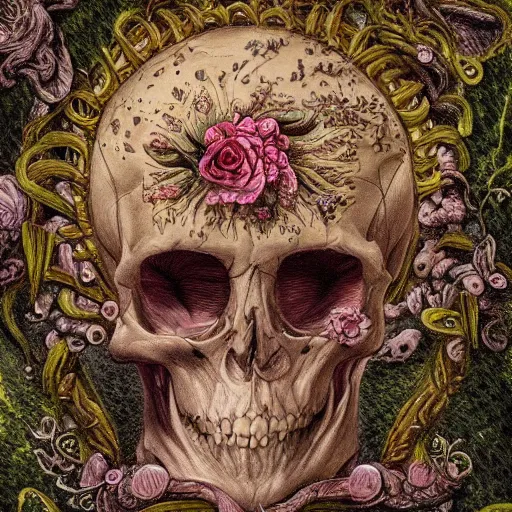 Prompt: a beautiful detailed rococo portrait of a rotten woman corpse becoming almost a skull with face muscles, veins, arteries, fractal plants and fractal flowers and mushrooms growing around, intricate, ornate, volumetric light, beautiful lit, beetlejuice