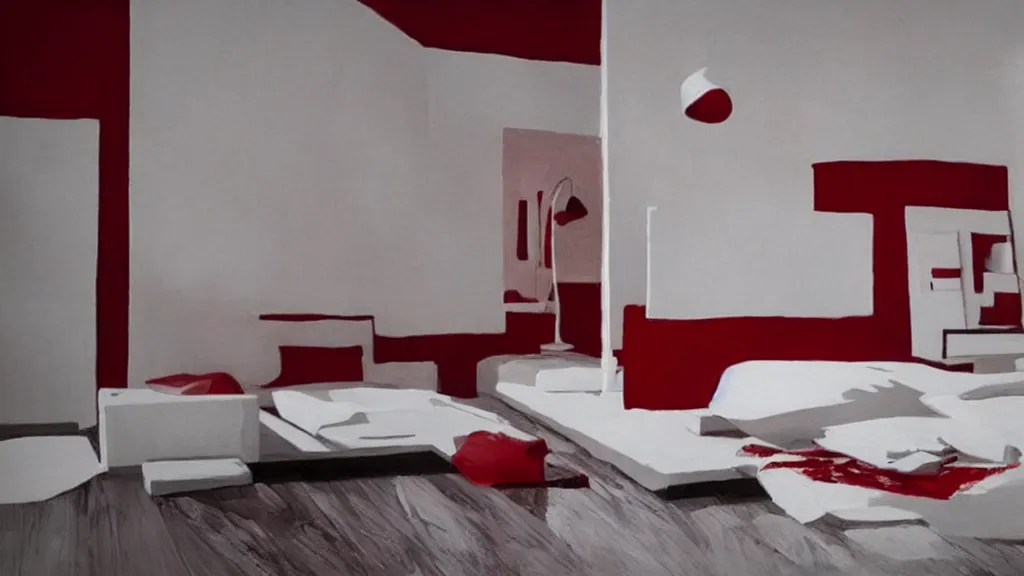 Image similar to minimalistic room, white and red color palette, realistic painting.