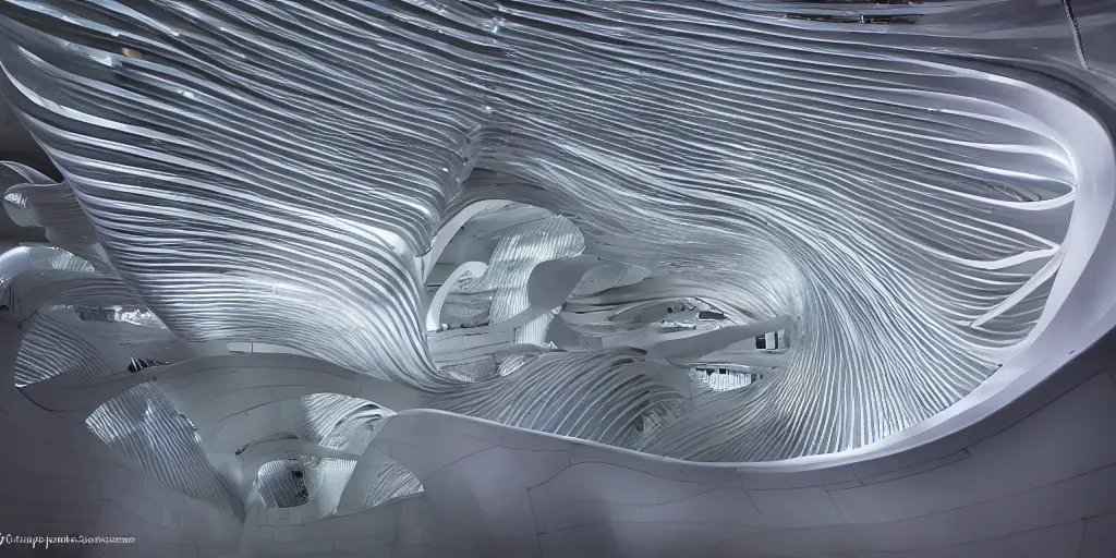 Image similar to extremely detailed awe ornate stunning beautiful futuristic smooth curvilinear elegant museum symmetrical interior by zaha hadid, translucent gills, stunning volumetric light, stainless steel, concrete, translucent material, beautiful sunset, hyper real, 8 k, colorful, 3 d cinematic volumetric light, atmospheric light