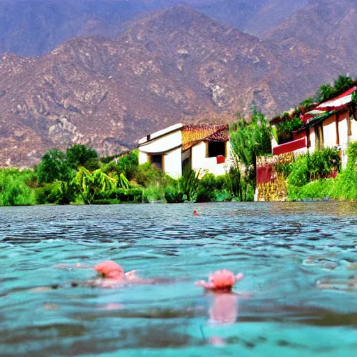 Prompt: axolotl swimming in a river with a quaint mexican village in the background