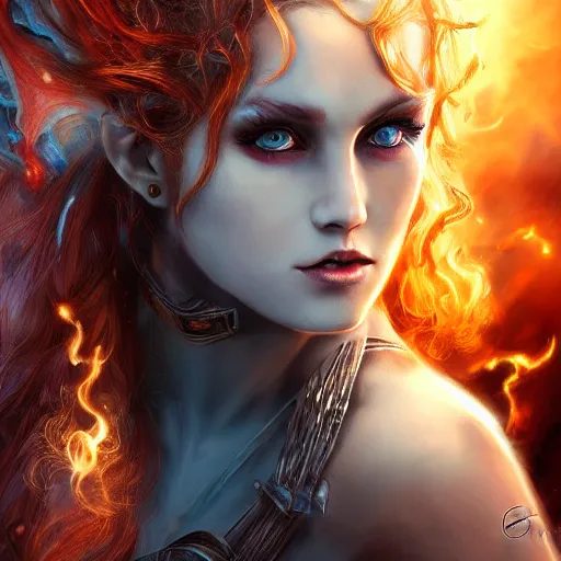 Image similar to the picture of a beautiful woman knight, blue eyes, fire forged hair, epic fantasy art, mystical, mystic atmosphere, mythology, photo realistic, high detail, ultra realistic, hyper realistic, high definiton, 4 k uhd,