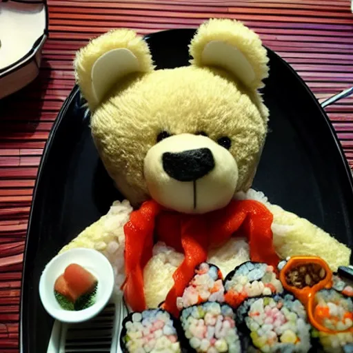 Image similar to teddy bear eating sushi