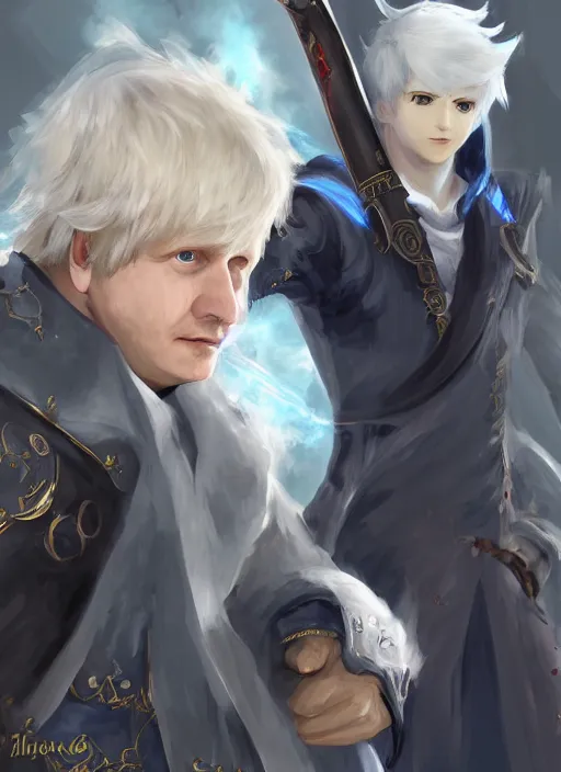 Image similar to Alphinaud Leveilleur meeting Boris Johnson in FF14, digital art